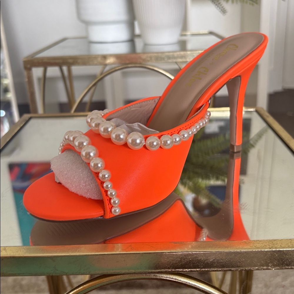 Vibrant Orange Heels with Pearl Details